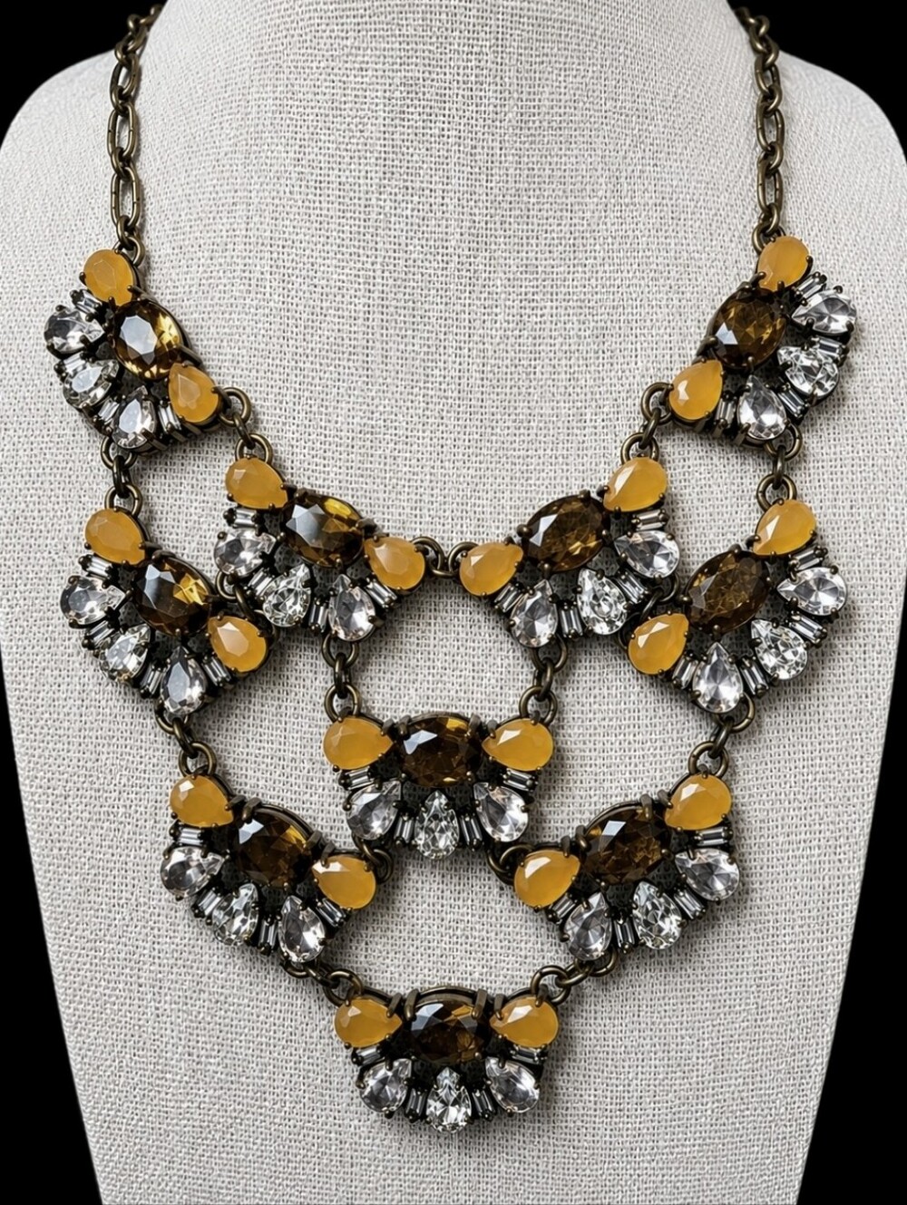 J. Crew Statement Necklace Topaz Honey Clear Stones Oxidized Brass 10 Medallions
